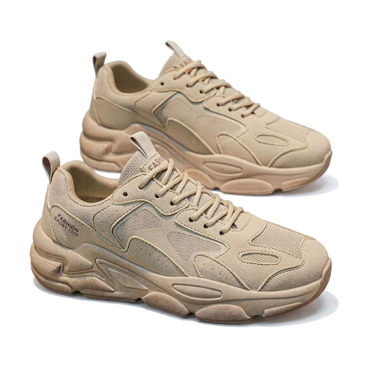 Men's Beige, Silver and Gray Mesh Platform Casual Sneakers - studio white background