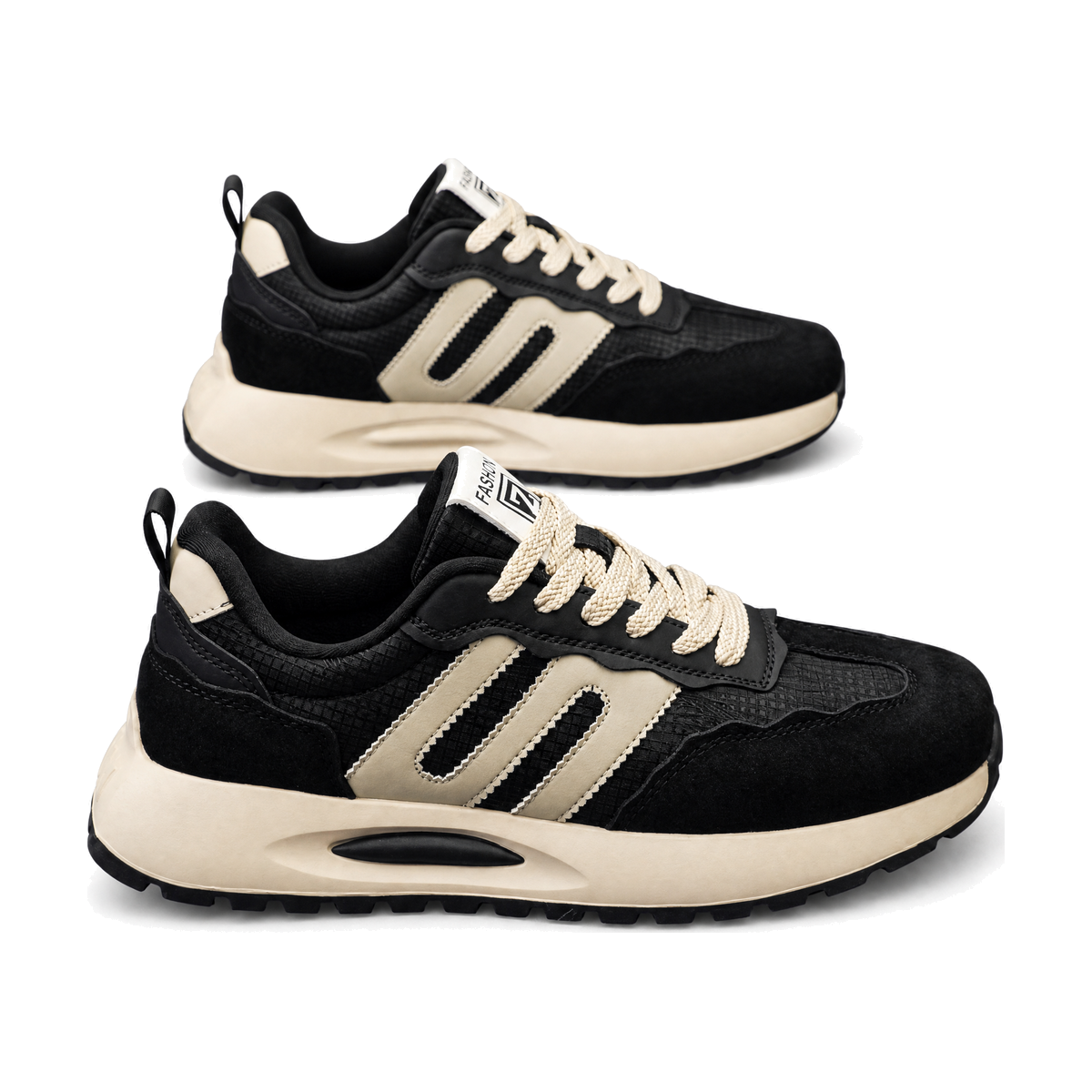 Men's Black and Beige Platform Running Sneakers - studio white background