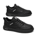 Men's Black, Tan and Navy Slip-On Sneakers - studio white background