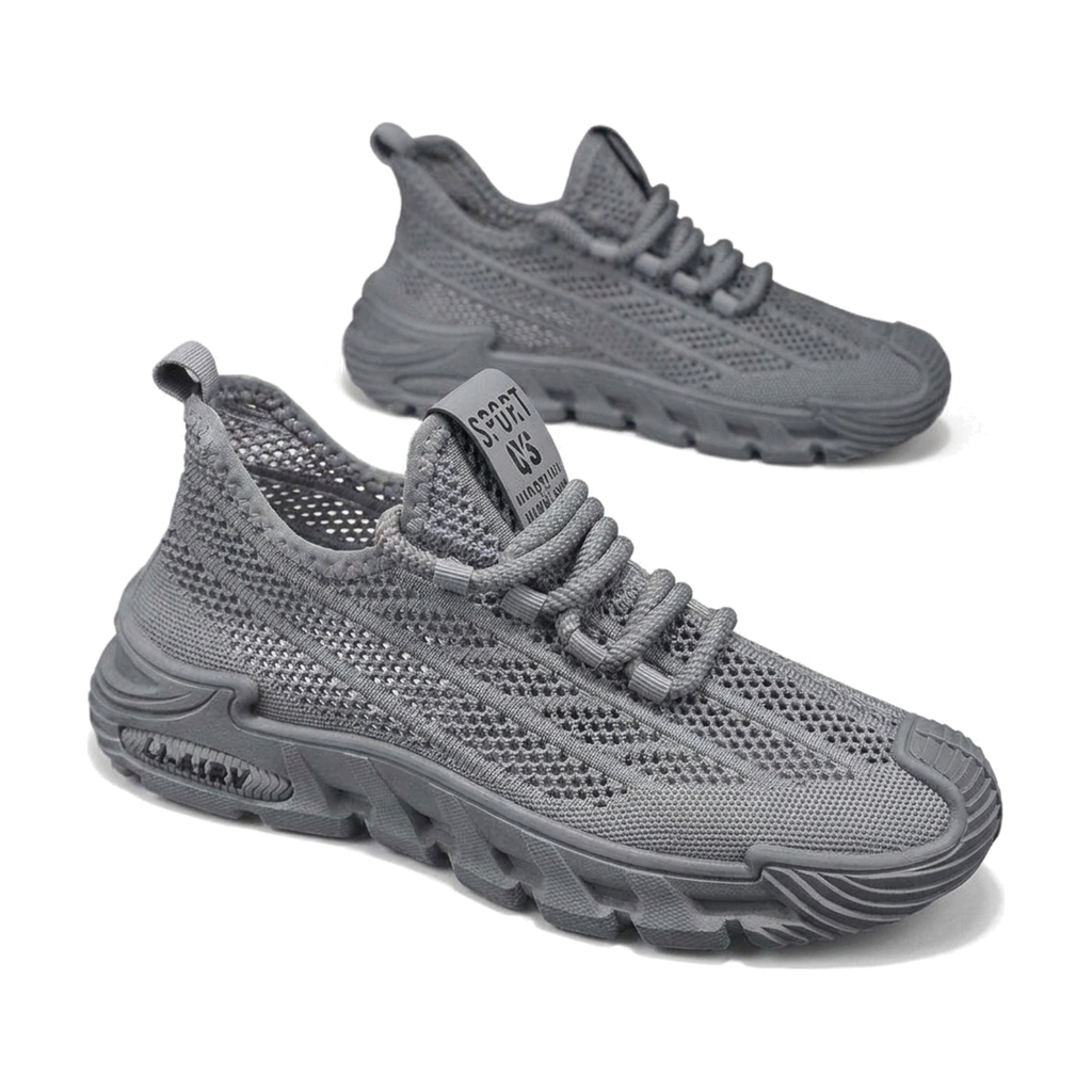 Men's Gray, Black and Orange Mesh Casual Sneakers - studio white background