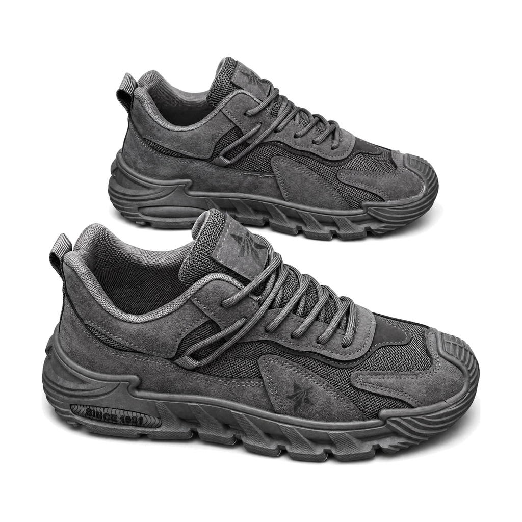 Men's Gray, Olive and Navy Retro Trainer Sneakers - studio white background