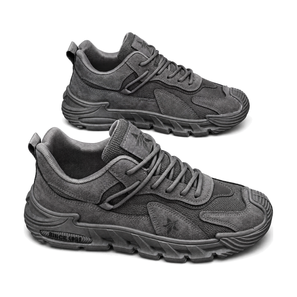 Men's Gray, Olive and Navy Retro Trainer Sneakers - studio white background