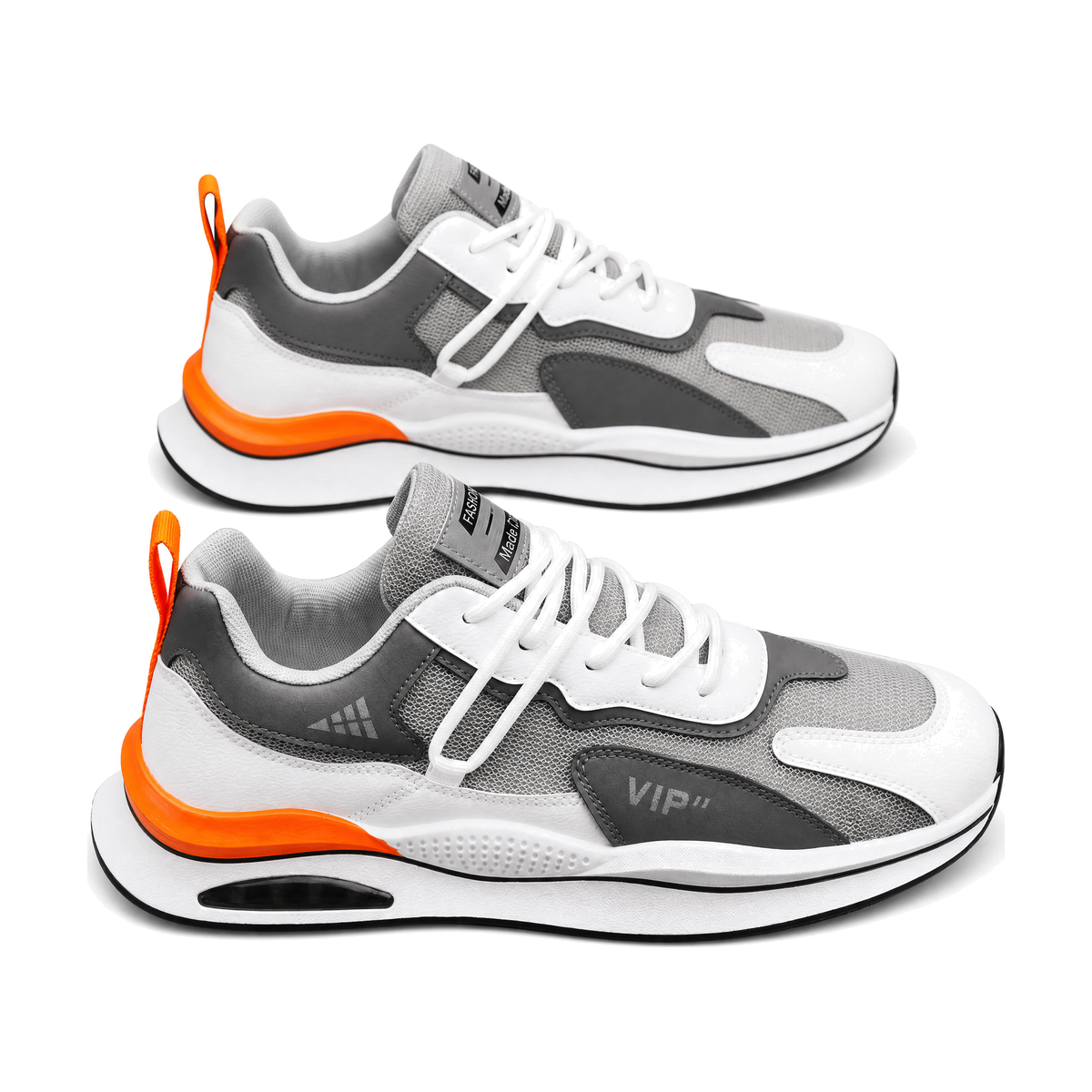 Men's Gray White and Orange Running Sneakers - studio white background