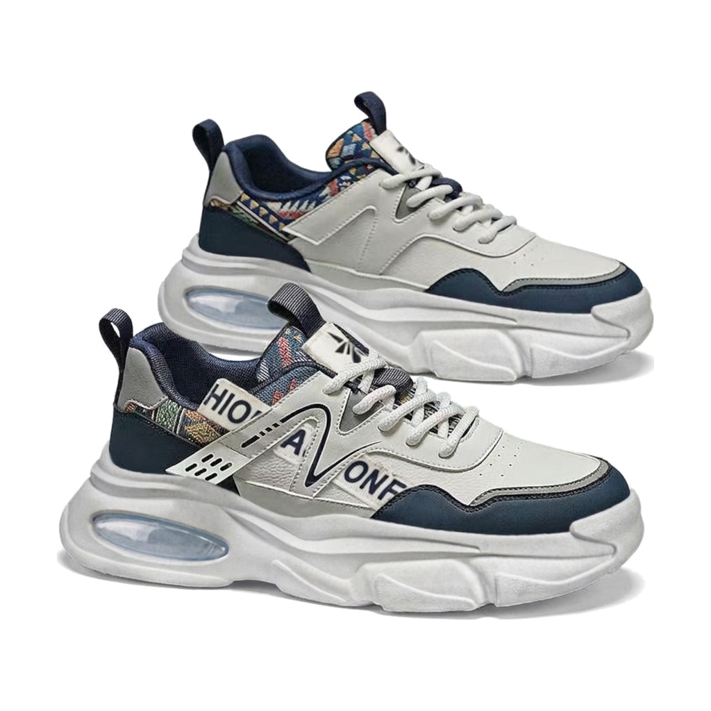 Men's Silver, Gray and Cream Platform Casual Sneakers - studio white background