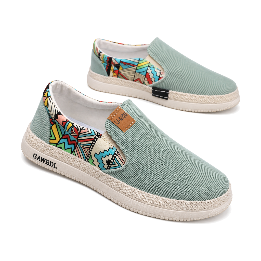 Men's Tan, Beige and Sage Green Canvas Sneakers - studio white background