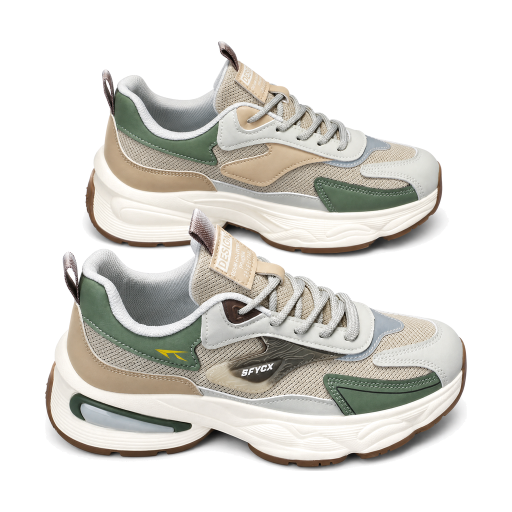 Men's White and Green Chunky Running Sneakers - studio white background