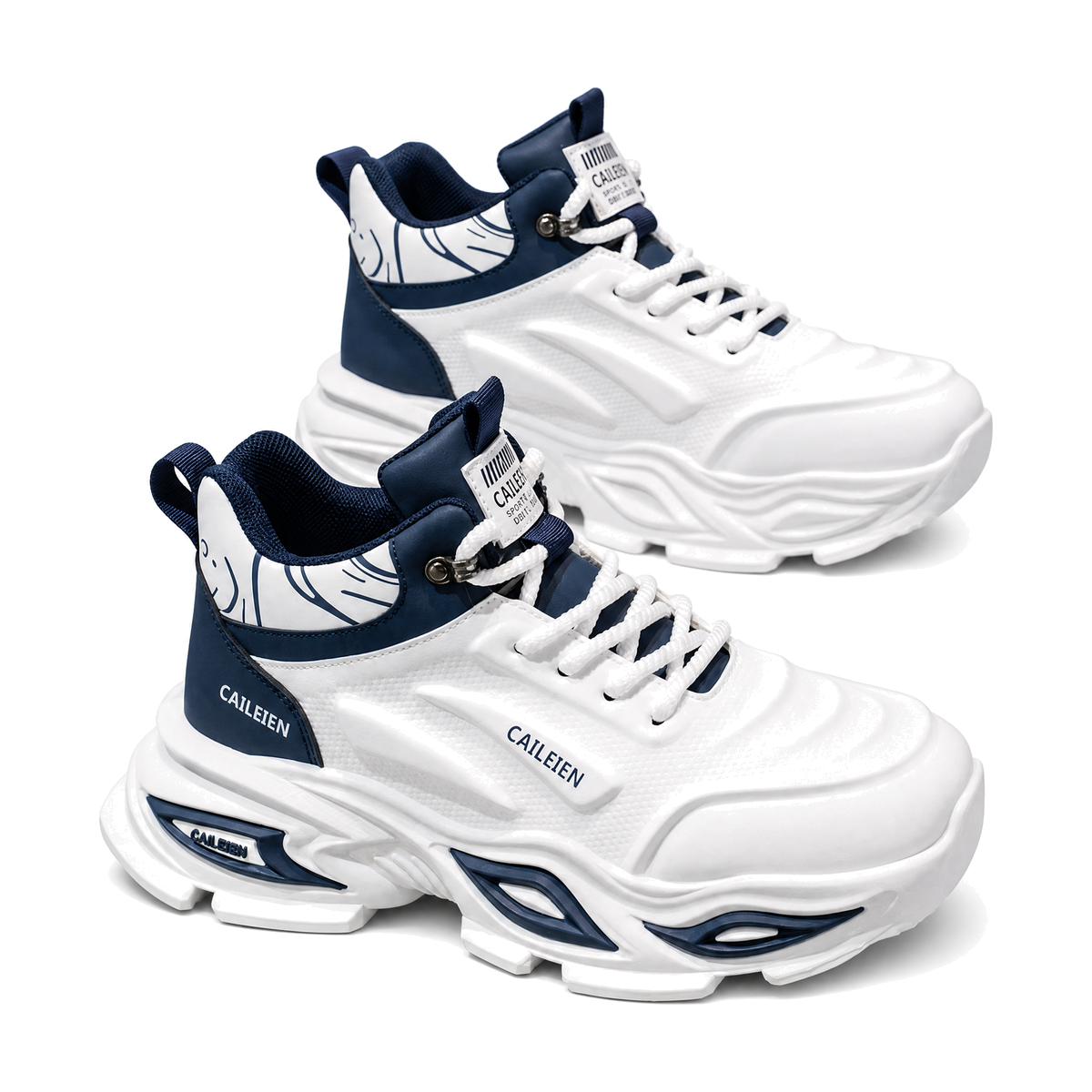 Men's White and Navy Chunky Running Sneakers - studio white background
