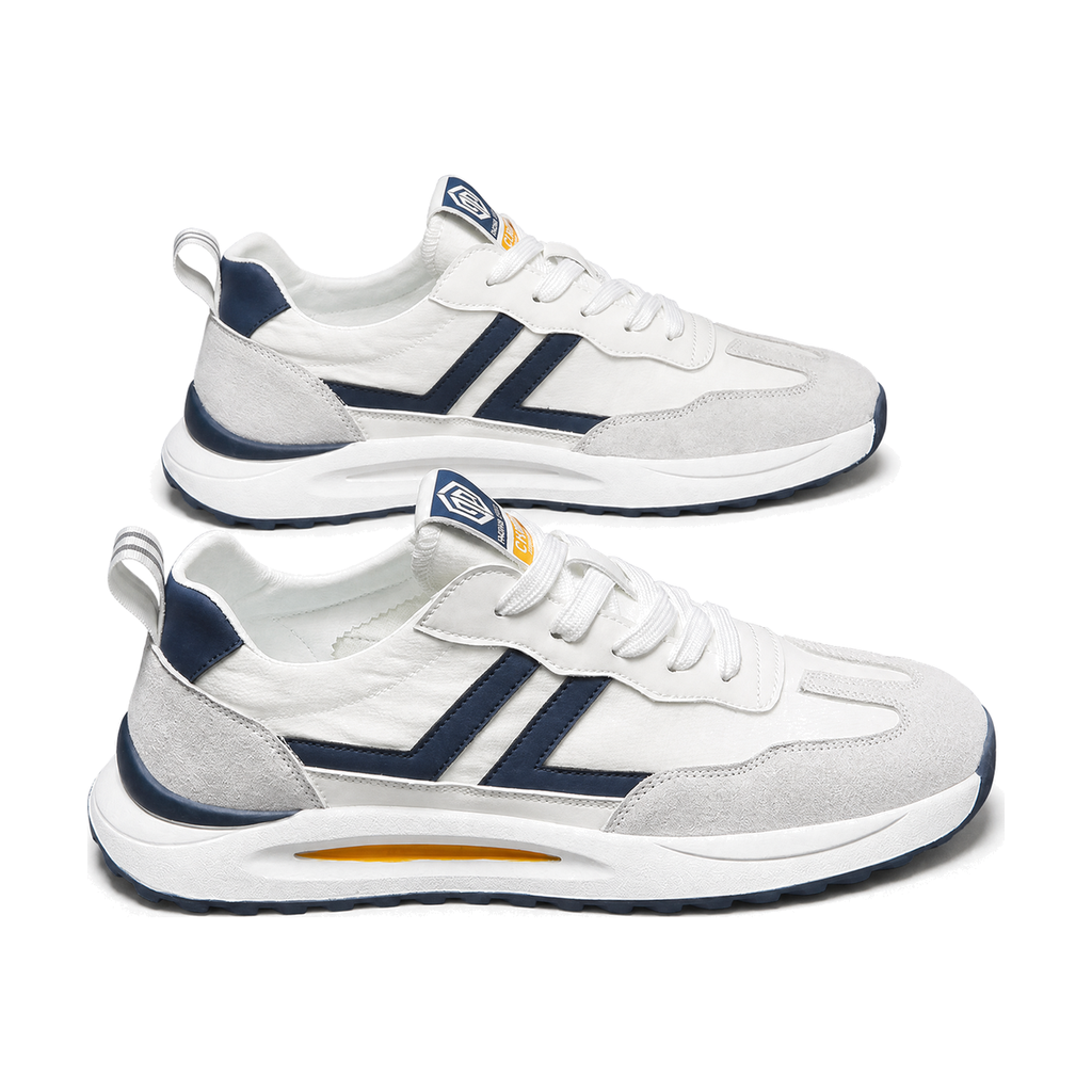 Men's White and Navy Retro Trainer Sneakers - studio white background