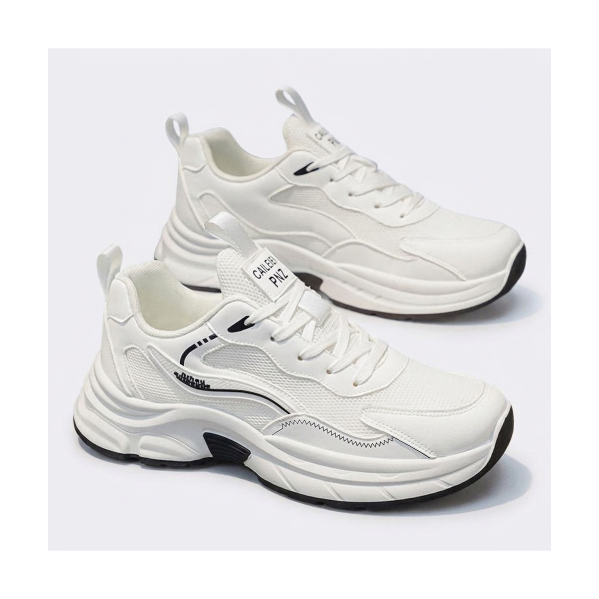 Men's White, Cream and Silver Mesh Platform Running Sneakers - studio white background
