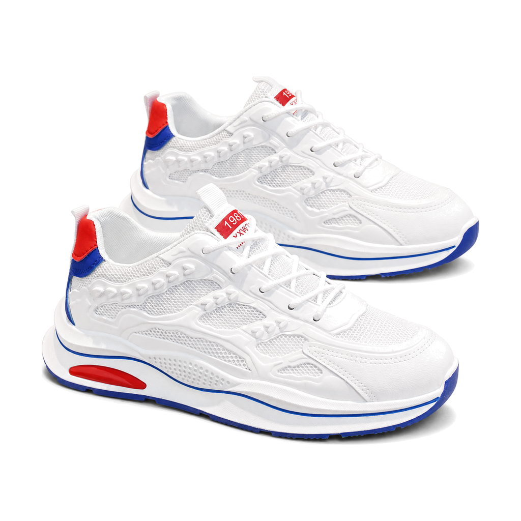 Men's White Red and Blue Mesh Running Sneakers - studio white background