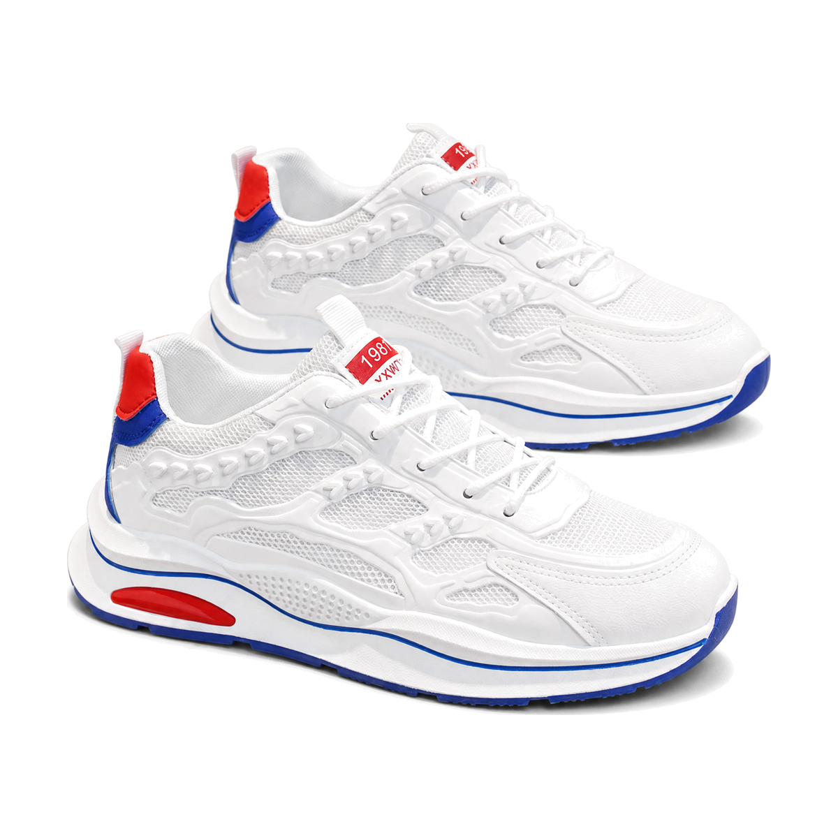 Men's White Red and Blue Mesh Running Sneakers - studio white background