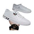 Men's White, Silver and Black Slip-On Sneakers - studio white background