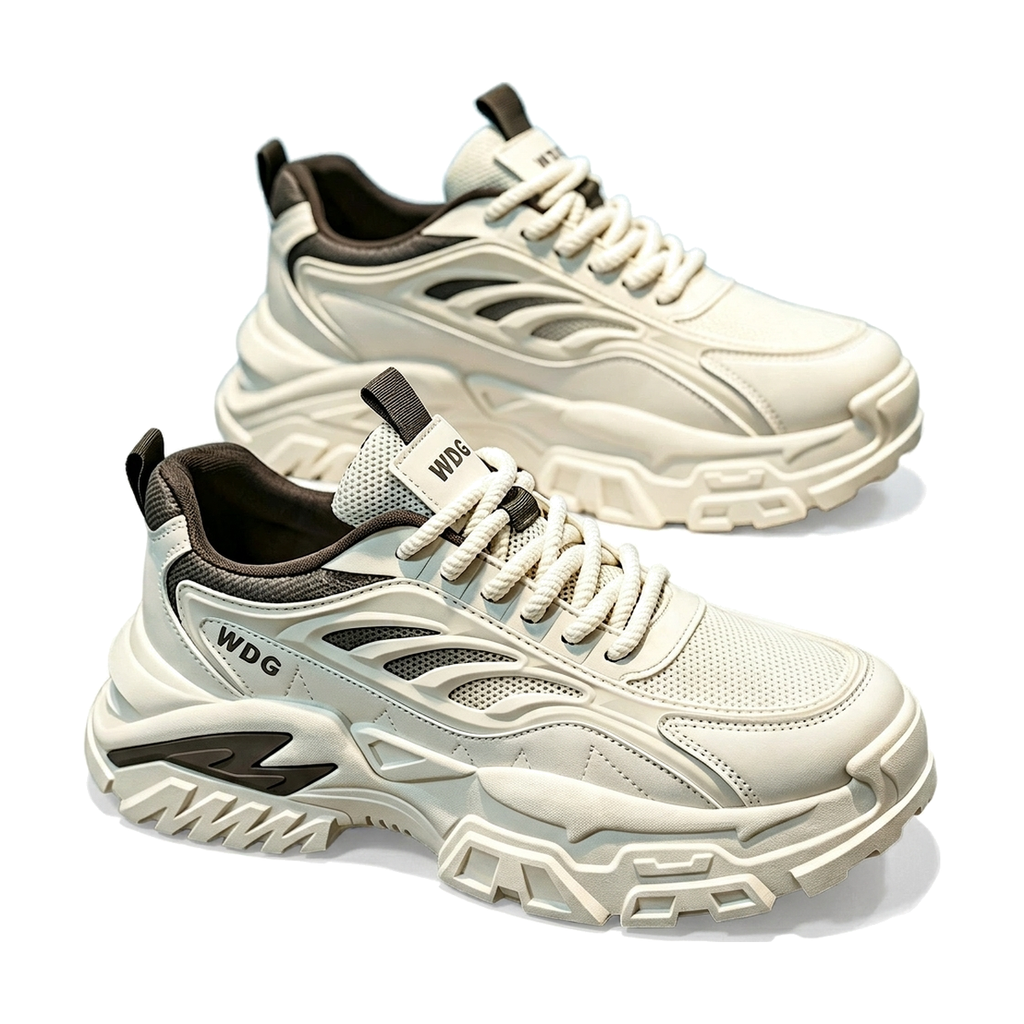 Men's White, Silver and Cream Mesh Platform Running Sneakers - studio white background
